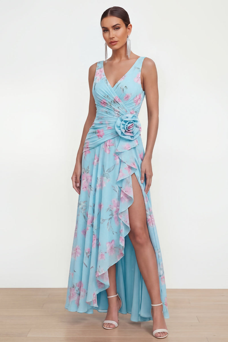 Load image into Gallery viewer, Ruffled Green Purple Flower Maxi Beach Wedding Guest Dress with Slit