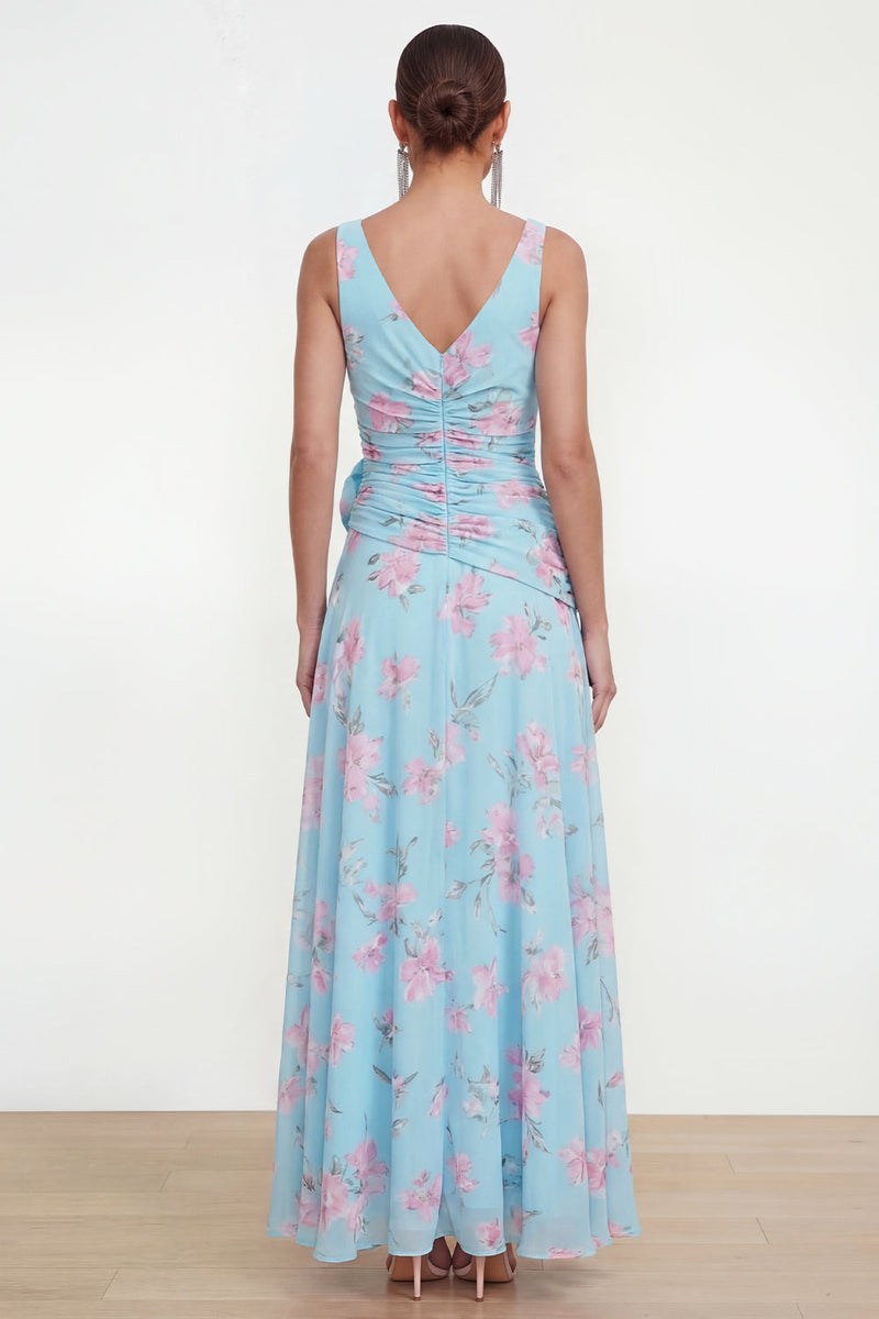 Load image into Gallery viewer, Ruffled Green Purple Flower Maxi Beach Wedding Guest Dress with Slit