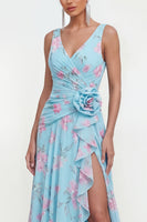 Load image into Gallery viewer, Ruffled Green Purple Flower Maxi Beach Wedding Guest Dress with Slit