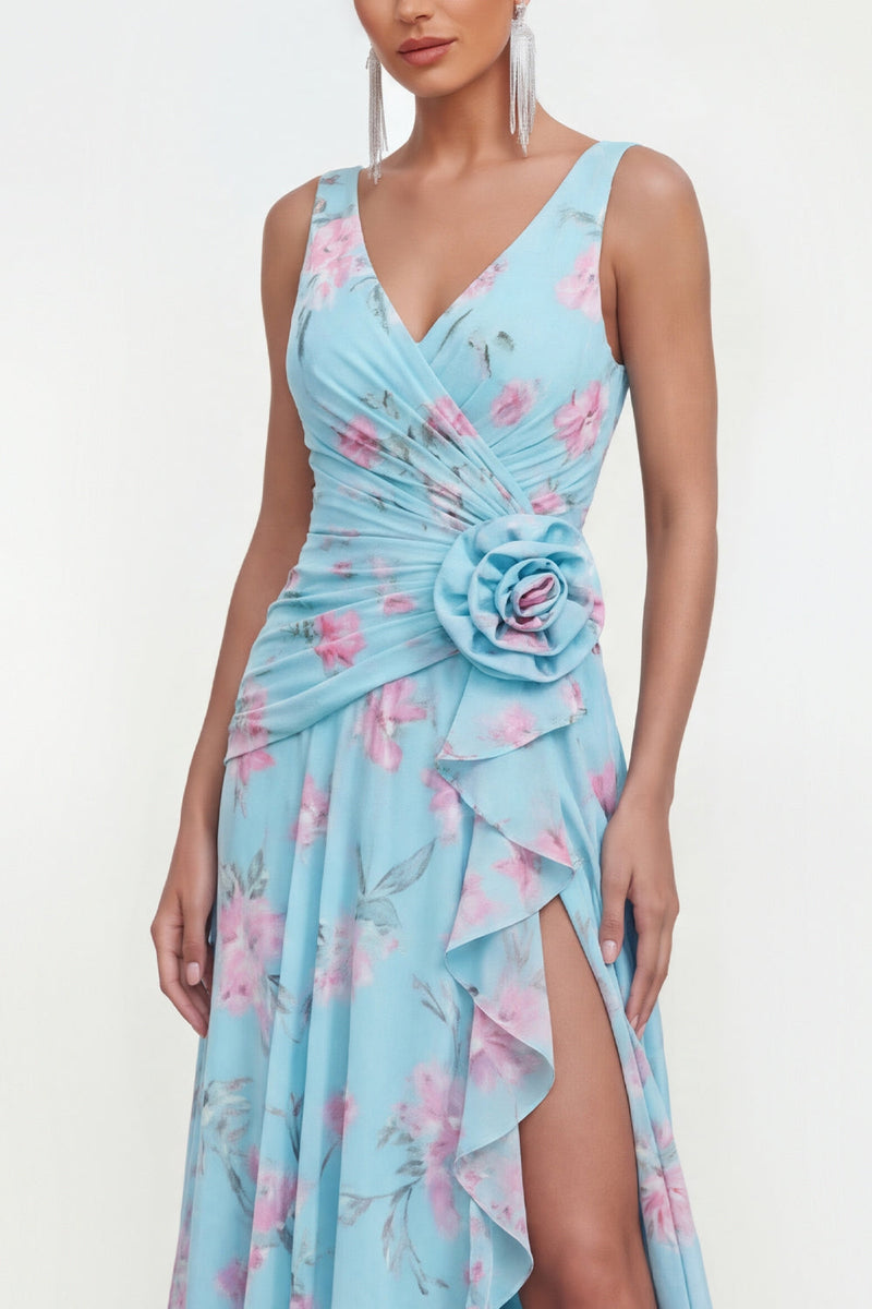 Load image into Gallery viewer, Ruffled Green Purple Flower Maxi Beach Wedding Guest Dress with Slit