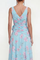 Load image into Gallery viewer, Ruffled Green Purple Flower Maxi Beach Wedding Guest Dress with Slit