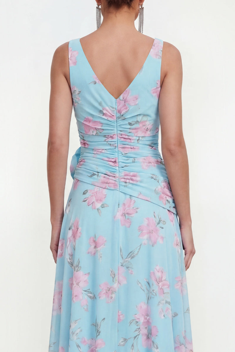 Load image into Gallery viewer, Ruffled Green Purple Flower Maxi Beach Wedding Guest Dress with Slit