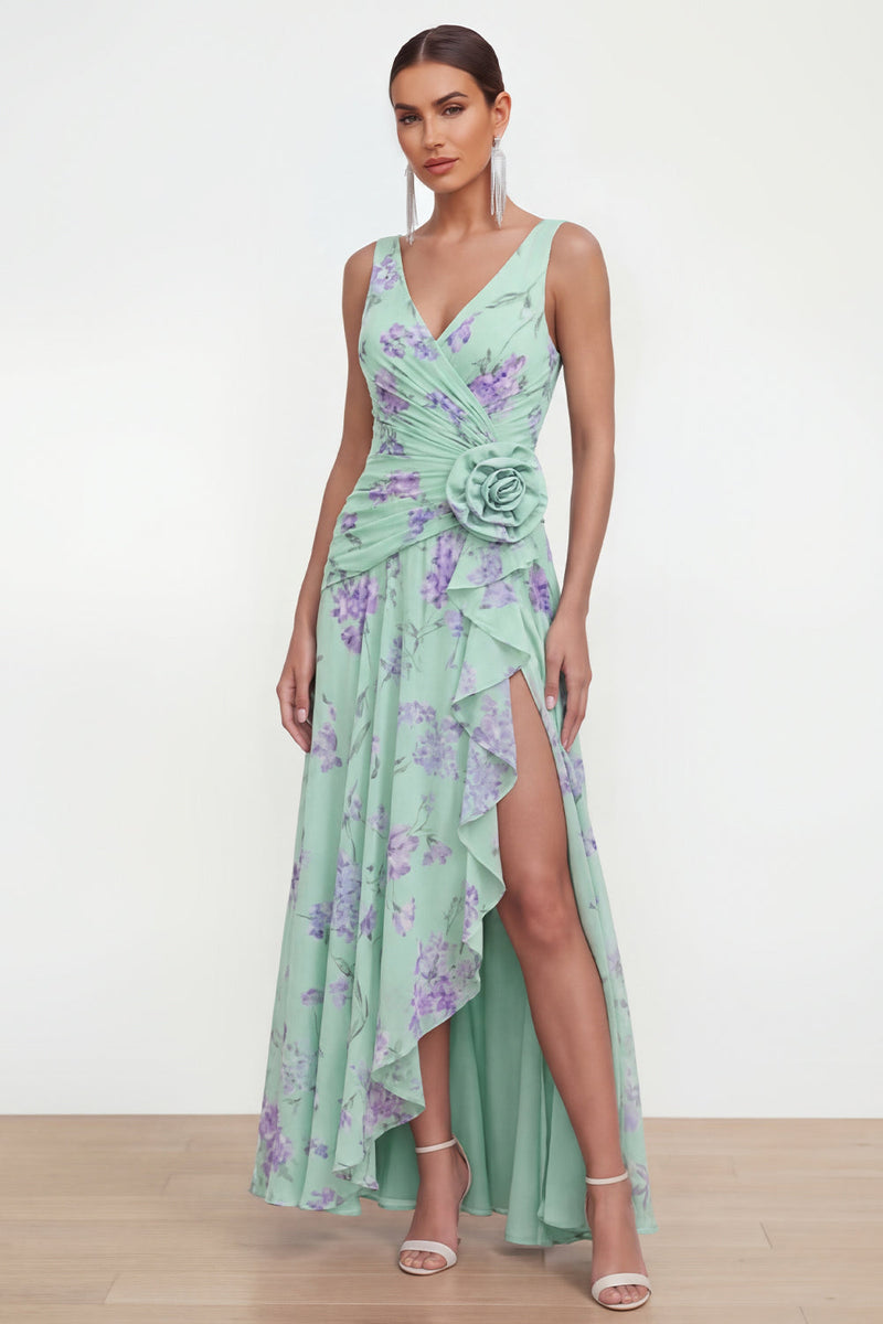 Load image into Gallery viewer, Ruffled Green Purple Flower Maxi Beach Wedding Guest Dress with Slit