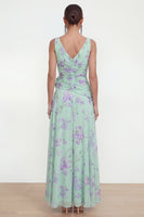 Load image into Gallery viewer, Ruffled Green Purple Flower Maxi Beach Wedding Guest Dress with Slit