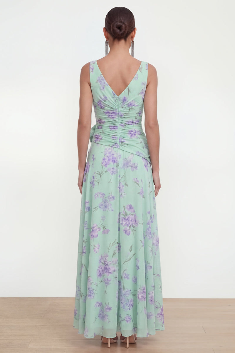 Load image into Gallery viewer, Ruffled Green Purple Flower Maxi Beach Wedding Guest Dress with Slit