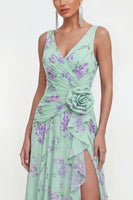 Load image into Gallery viewer, Ruffled Green Purple Flower Maxi Beach Wedding Guest Dress with Slit