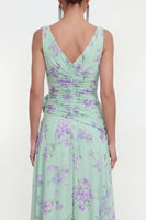 Load image into Gallery viewer, Ruffled Green Purple Flower Maxi Beach Wedding Guest Dress with Slit