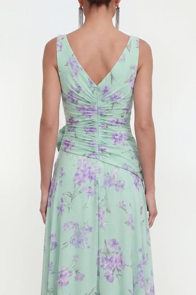 Load image into Gallery viewer, Ruffled Green Purple Flower Maxi Beach Wedding Guest Dress with Slit