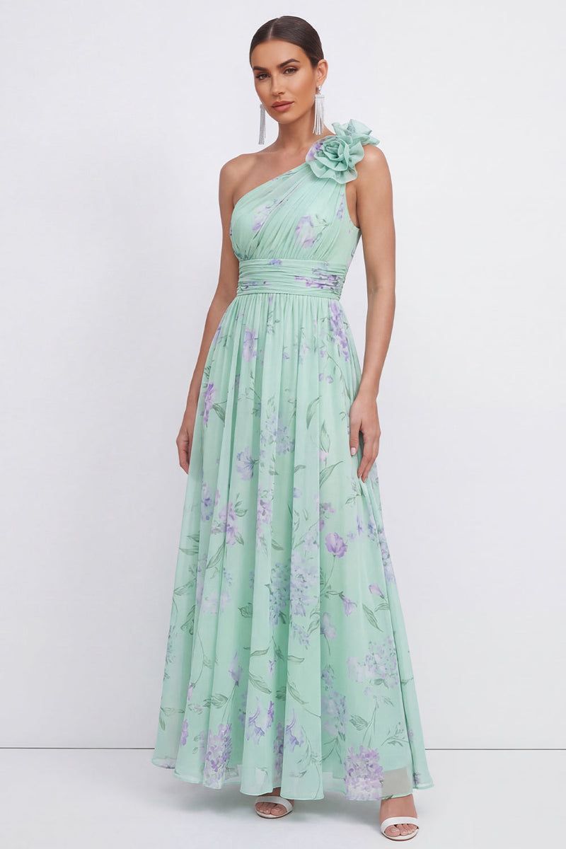 Load image into Gallery viewer, Ruched Maxi A Line Green Purple Flower Beach Wedding Guest Dress