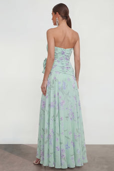 Green Purple Flower A Line Strapless Maxi Beach Wedding Guest Dress with Ruffles