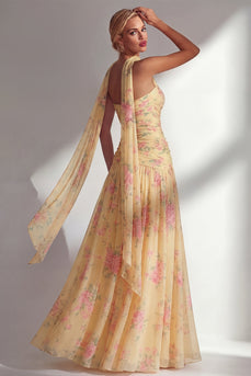 Floral Butter Yellow Strapless Ruched Long Neck Scarf Boho Wedding Guest Dress with Slit