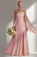 Load image into Gallery viewer, Lilac Strapless Ruched Long Neck Scarf Boho Wedding Guest Dress with Slit