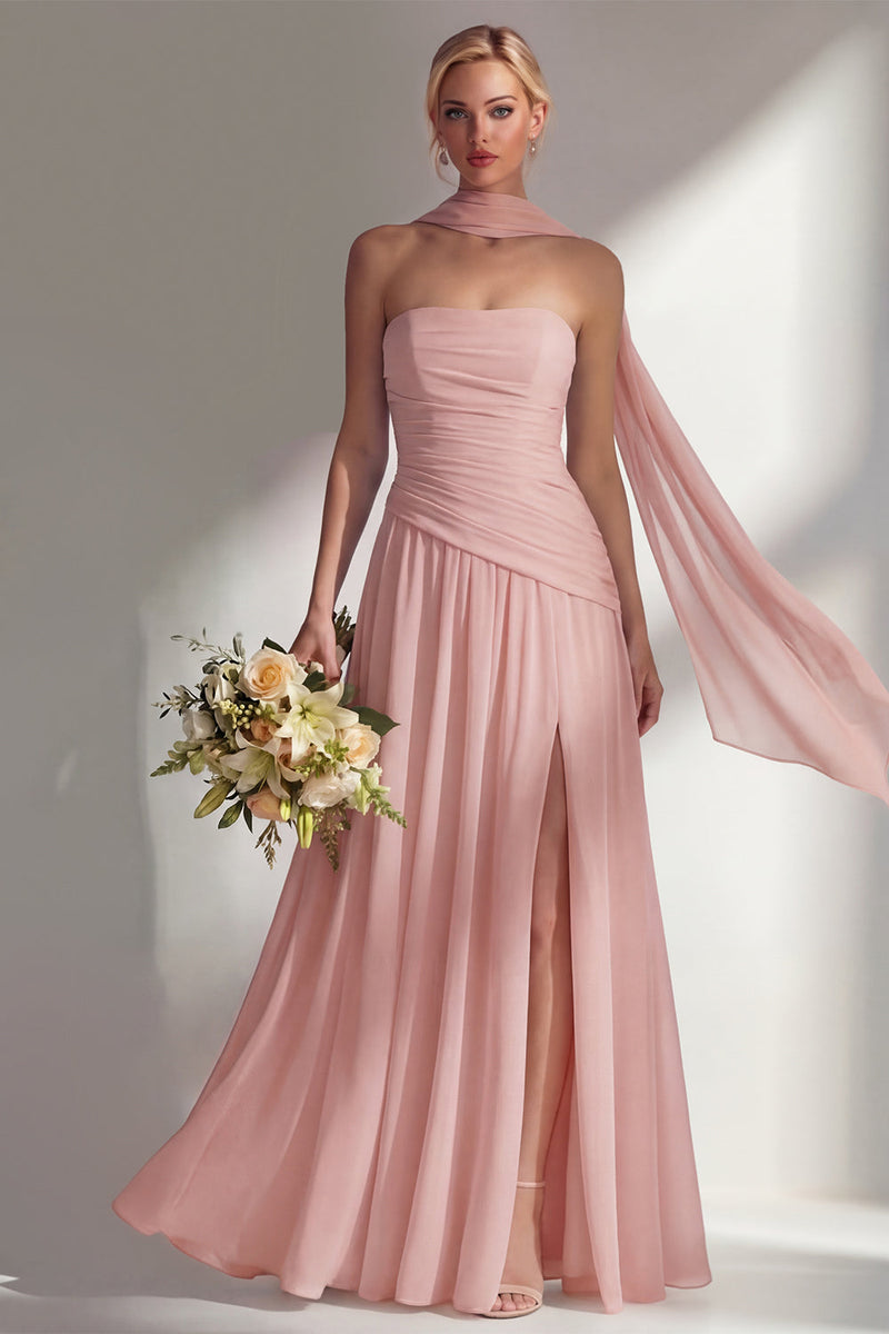 Load image into Gallery viewer, Lilac Strapless Ruched Long Neck Scarf Boho Wedding Guest Dress with Slit