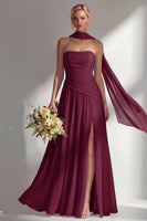 Load image into Gallery viewer, Lilac Strapless Ruched Long Neck Scarf Boho Wedding Guest Dress with Slit