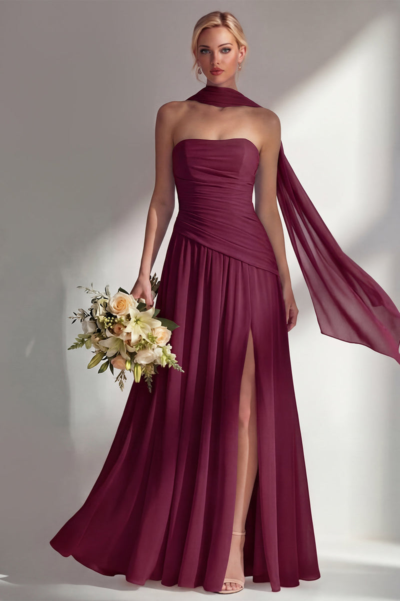 Load image into Gallery viewer, Lilac Strapless Ruched Long Neck Scarf Boho Wedding Guest Dress with Slit