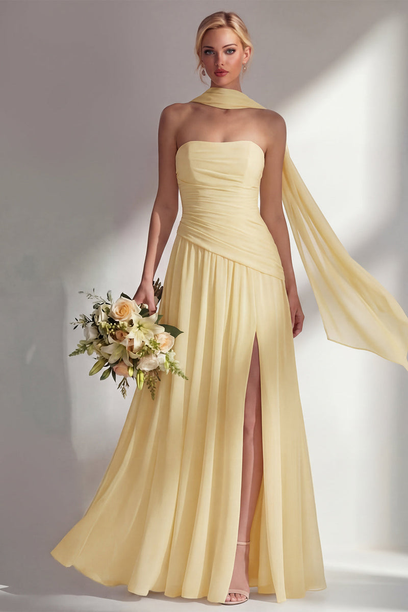 Load image into Gallery viewer, Lilac Strapless Ruched Long Neck Scarf Boho Wedding Guest Dress with Slit