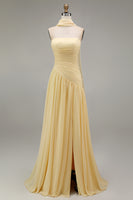Load image into Gallery viewer, Butter Yellow Strapless Ruched Long Neck Scarf Boho Wedding Guest Dress with Slit
