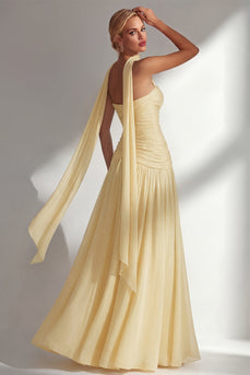 Butter Yellow Strapless Ruched Long Neck Scarf Boho Wedding Guest Dress with Slit