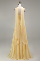 Load image into Gallery viewer, Butter Yellow Strapless Ruched Long Neck Scarf Boho Wedding Guest Dress with Slit