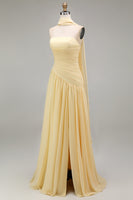 Load image into Gallery viewer, Butter Yellow Strapless Ruched Long Neck Scarf Boho Wedding Guest Dress with Slit