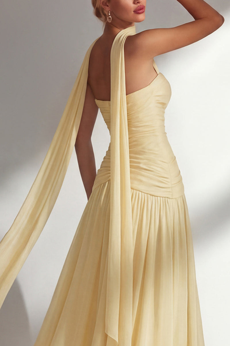 Load image into Gallery viewer, Lilac Strapless Ruched Long Neck Scarf Boho Wedding Guest Dress with Slit