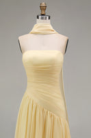 Load image into Gallery viewer, Butter Yellow Strapless Ruched Long Neck Scarf Boho Wedding Guest Dress with Slit