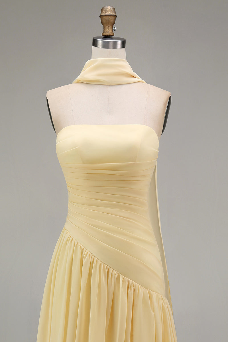 Load image into Gallery viewer, Butter Yellow Strapless Ruched Long Neck Scarf Boho Wedding Guest Dress with Slit