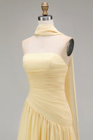Load image into Gallery viewer, Butter Yellow Strapless Ruched Long Neck Scarf Boho Wedding Guest Dress with Slit
