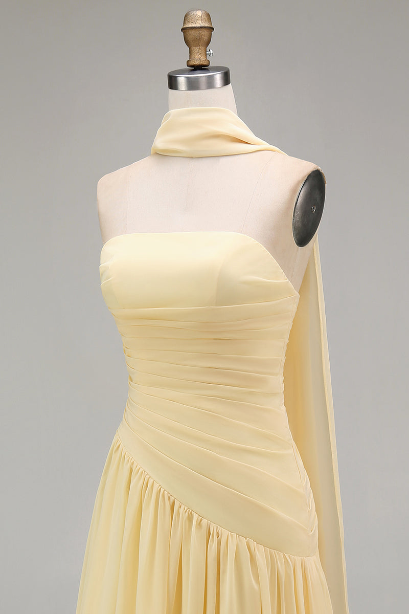 Load image into Gallery viewer, Butter Yellow Strapless Ruched Long Neck Scarf Boho Wedding Guest Dress with Slit