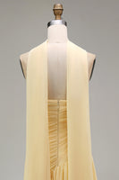 Load image into Gallery viewer, Butter Yellow Strapless Ruched Long Neck Scarf Boho Wedding Guest Dress with Slit