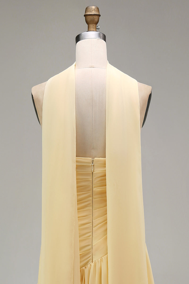 Load image into Gallery viewer, Butter Yellow Strapless Ruched Long Neck Scarf Boho Wedding Guest Dress with Slit