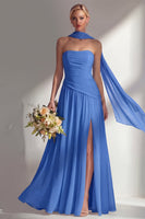 Load image into Gallery viewer, Lilac Strapless Ruched Long Neck Scarf Boho Wedding Guest Dress with Slit