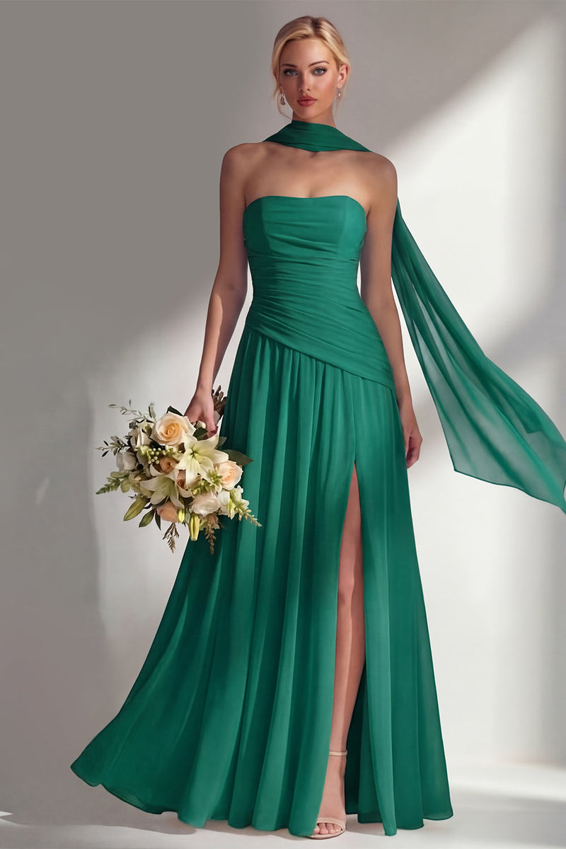 Load image into Gallery viewer, Lilac Strapless Ruched Long Neck Scarf Boho Wedding Guest Dress with Slit