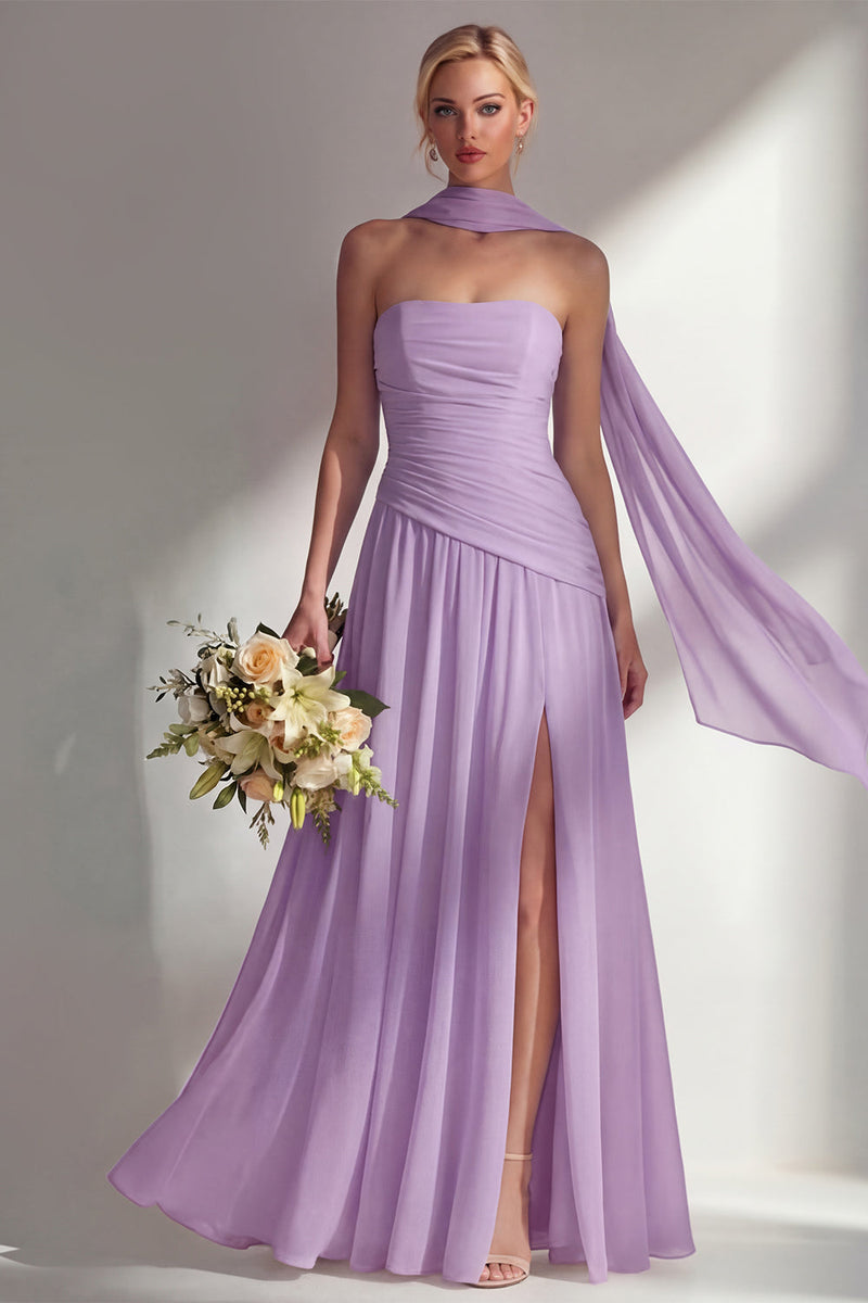 Load image into Gallery viewer, Lilac Strapless Ruched Long Neck Scarf Boho Wedding Guest Dress with Slit