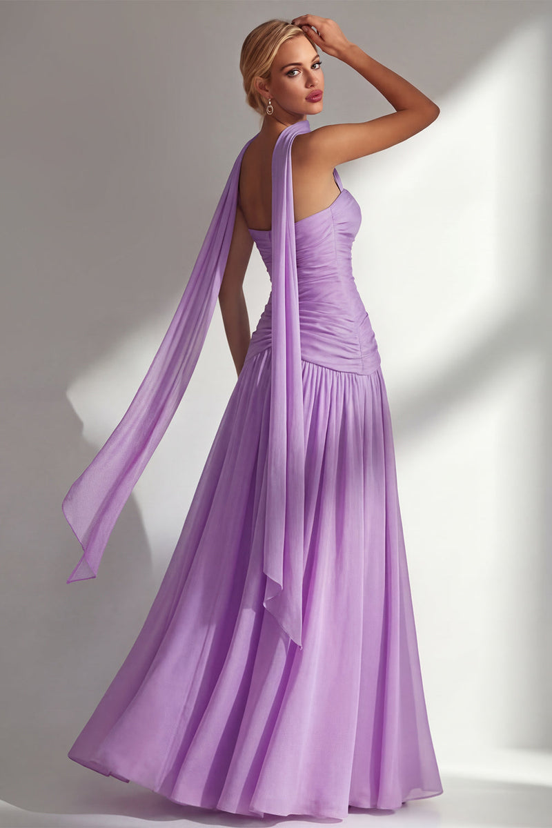 Load image into Gallery viewer, Lilac Strapless Ruched Long Neck Scarf Boho Wedding Guest Dress with Slit