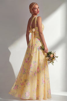 Yellow Pink Flower Convertible Wear Boho Long Wedding Guest Dress with Slit
