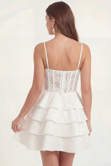 White Short Floral Corset A Line Ruffled Hen Do Dress with Lace