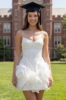 Load image into Gallery viewer, White Lace Spaghetti Tight Straps Short Hen Do Dress with 3D Flowers
