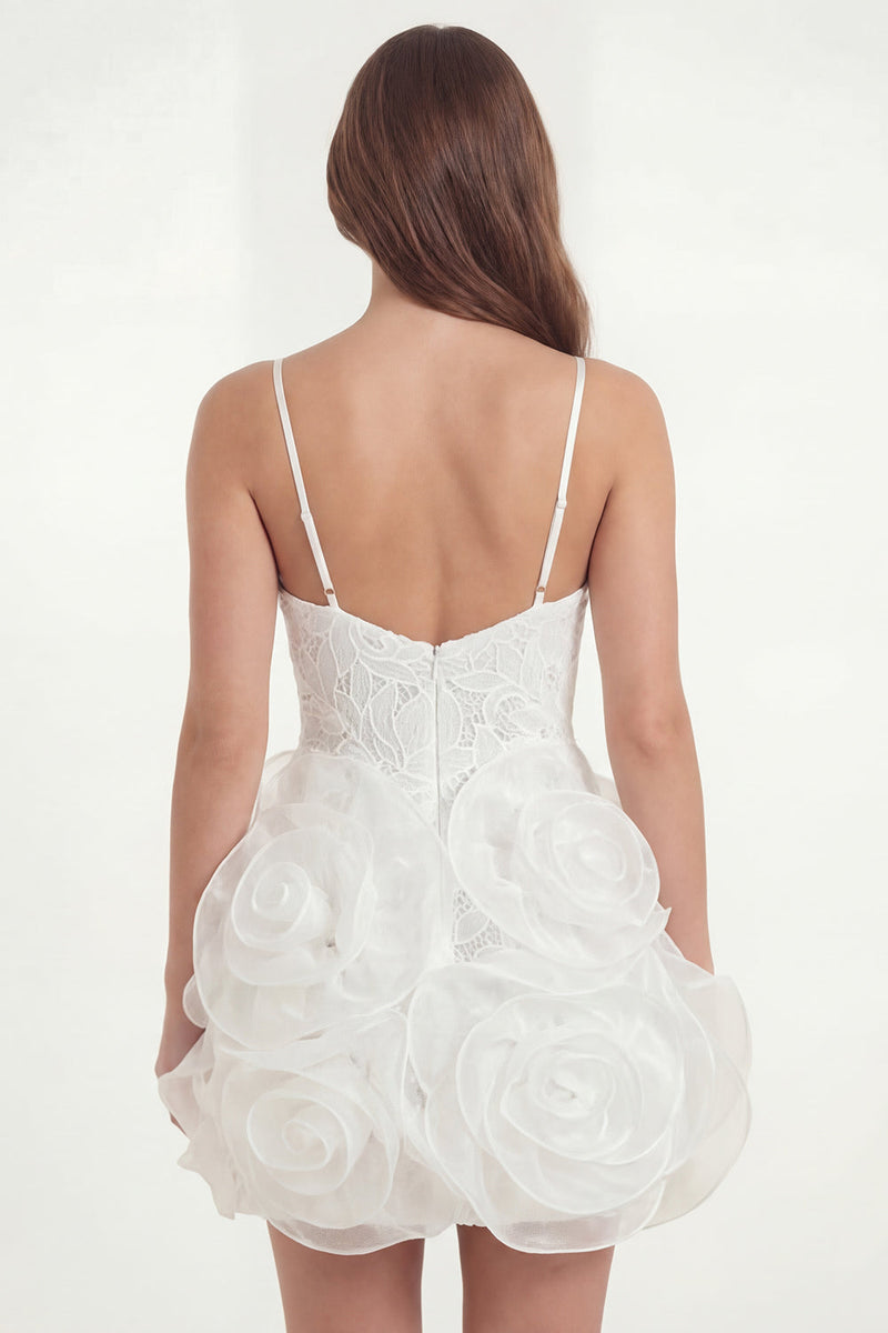 Load image into Gallery viewer, White Lace Spaghetti Tight Straps Short Hen Do Dress with 3D Flowers