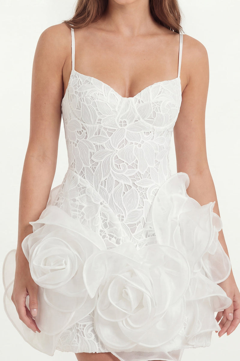 Load image into Gallery viewer, White Lace Spaghetti Tight Straps Short Hen Do Dress with 3D Flowers