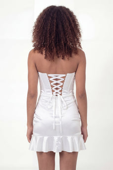 White Tight Corset Short Ruched Hen Do Dress with Ruffles