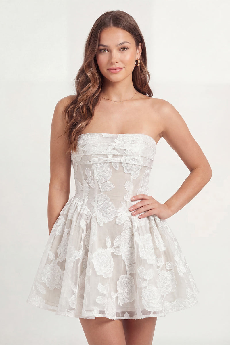 Load image into Gallery viewer, Strapless Corset Lace A Line Short Floral White Hen Do Dress