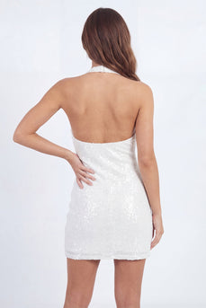 Sparkly White Halter Tight Short Ruched Hen Do Dress