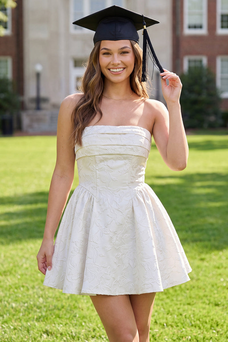 Load image into Gallery viewer, Floral A Line White Short Jacquard Strapless Corset Hen Do Dress