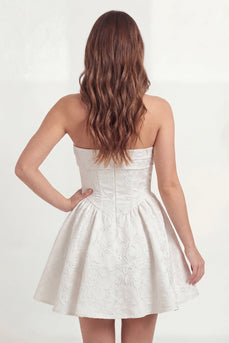 Floral A Line White Short Jacquard Strapless Corset Hen Do Dress
