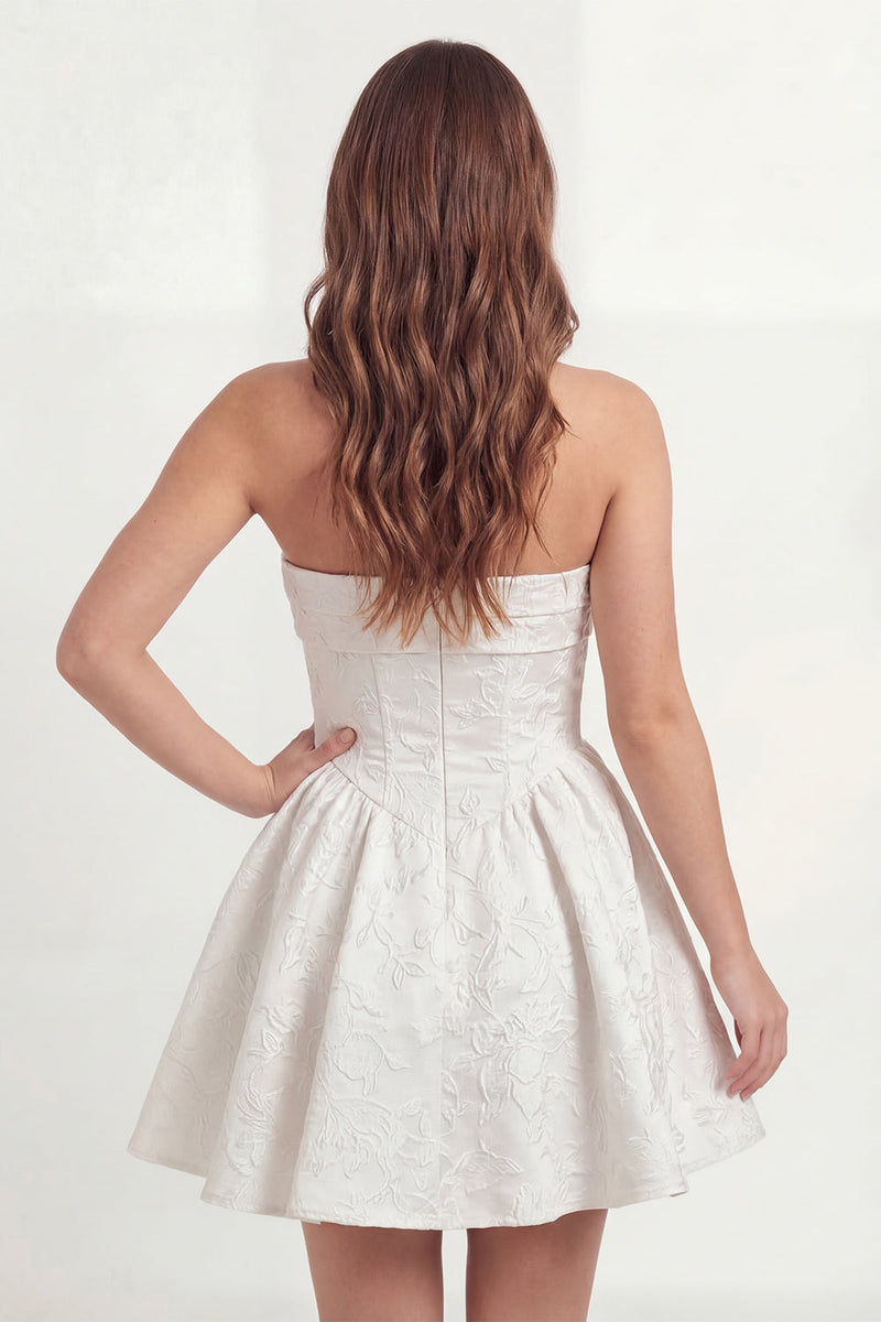 Load image into Gallery viewer, Floral A Line White Short Jacquard Strapless Corset Hen Do Dress