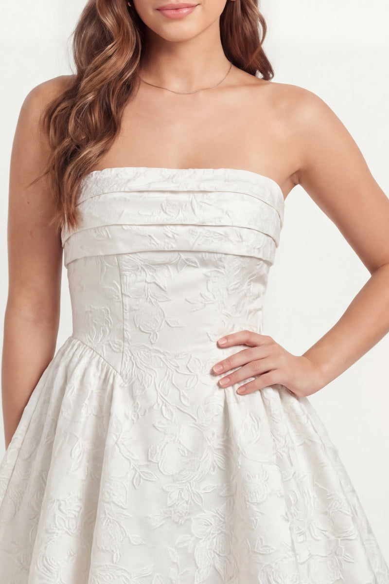 Load image into Gallery viewer, Floral A Line White Short Jacquard Strapless Corset Hen Do Dress