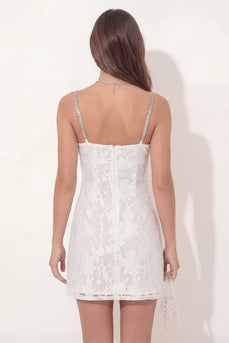 White Floral Beaded Spaghetti Straps Lace Tight Short Hen Do Dress