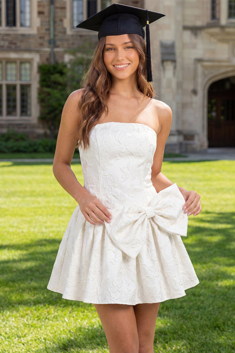 Load image into Gallery viewer, White Strapless Corset Floral A Line Short Hen Do Dress with Bow
