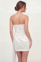 Load image into Gallery viewer, Ruched White Strapless Tight Short Hen Do Dress with Side Cape